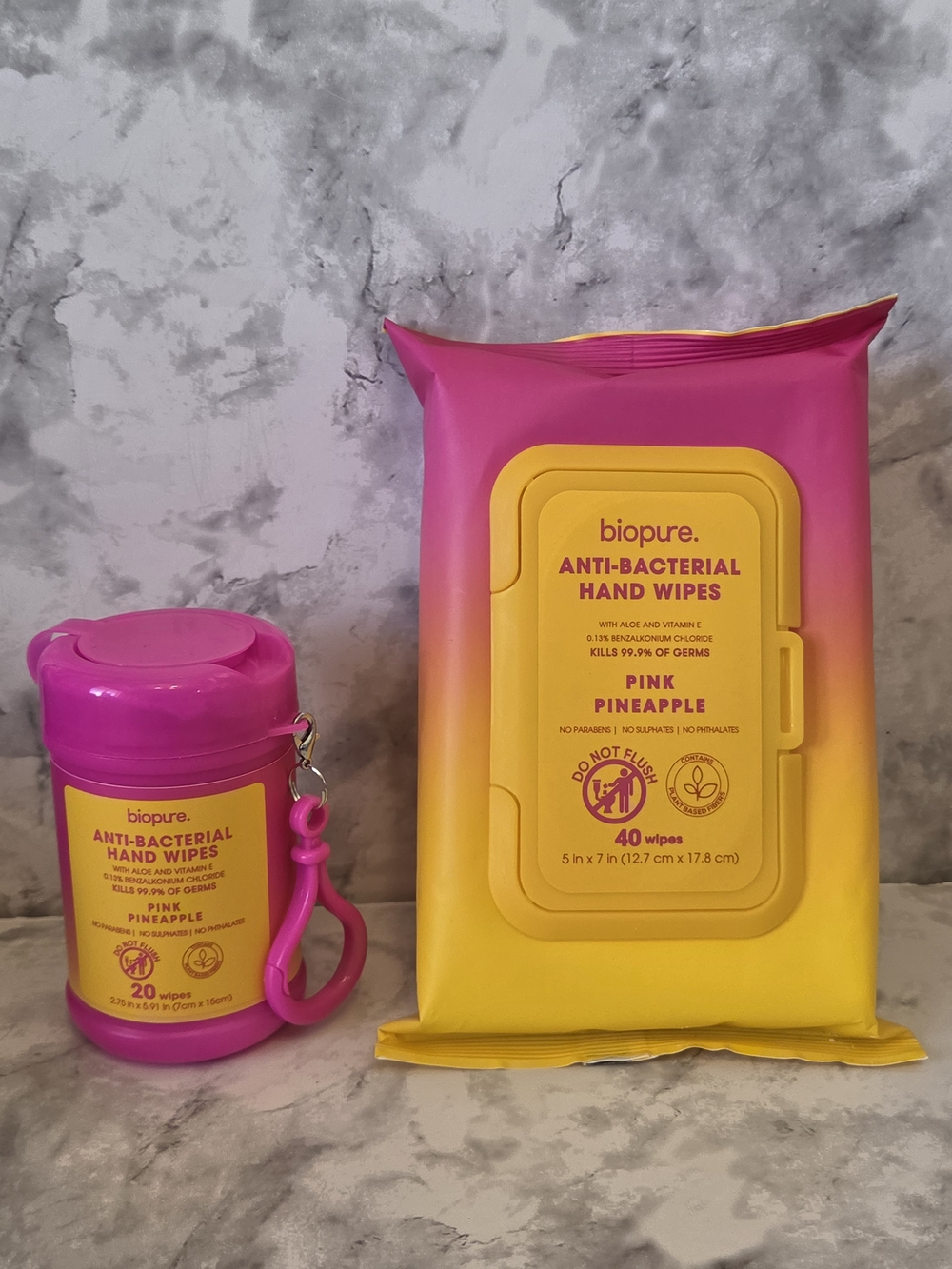 Pink and Yellow Biopure Antibacterial Hand Wipes with Portable Pod